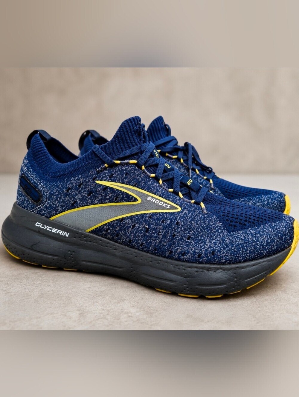 Brooks Navy Knit Running Shoes with Yellow Highlights